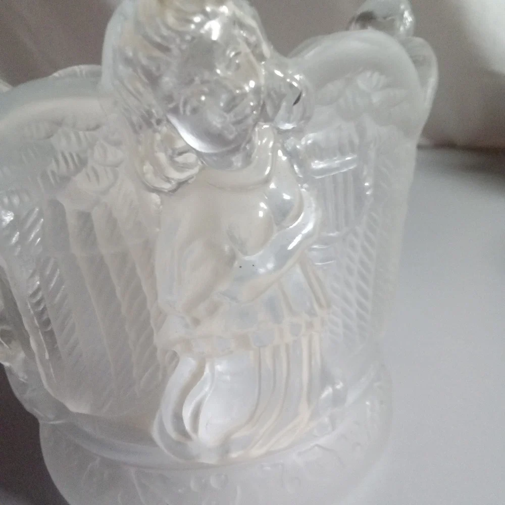 Frosted Glass Musical Angel Votive Candle Holder Cherub Relief 4.5 Inch